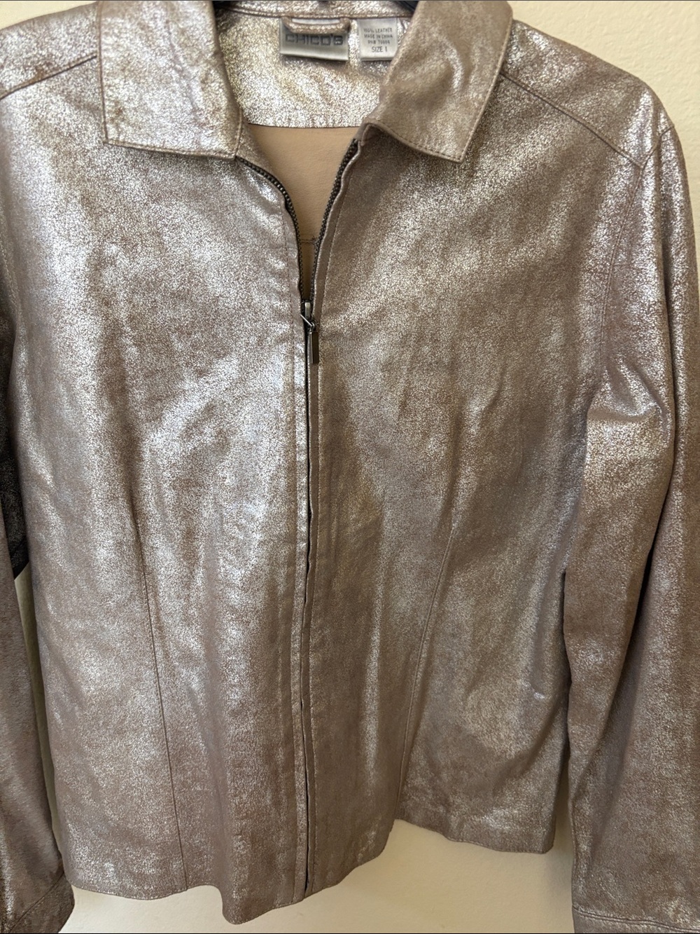 Chicos 100 Percent Soft Metallic Leather Jacket Size 1